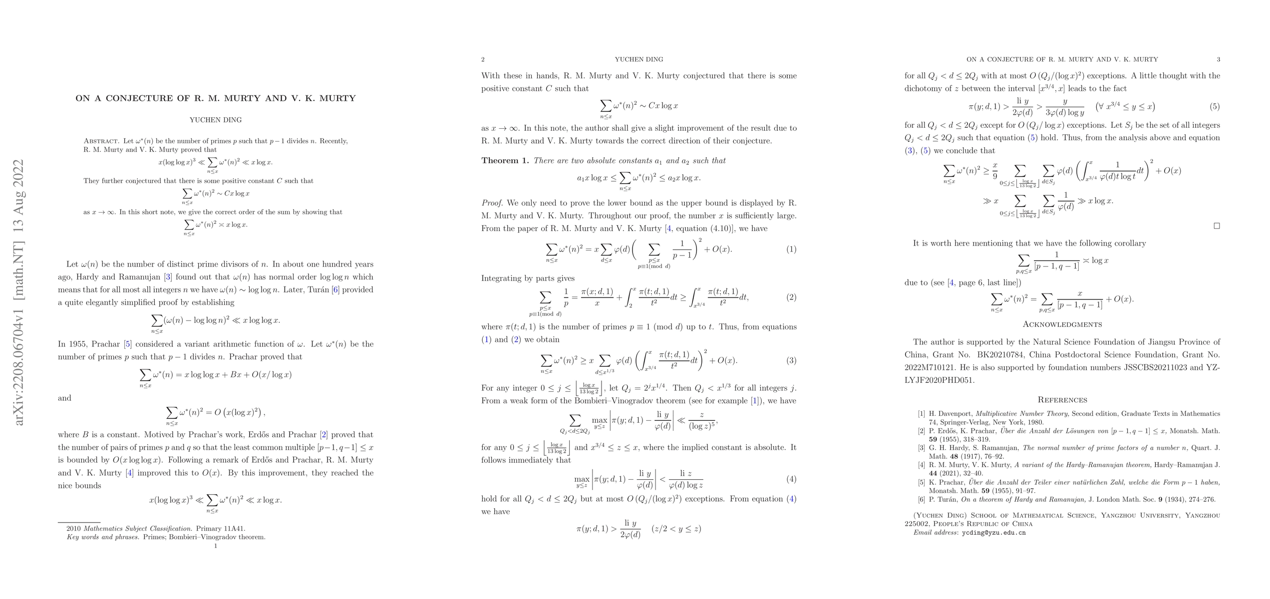 Thumbnail for On a conjecture of R. M. Murty and V. K. Murty