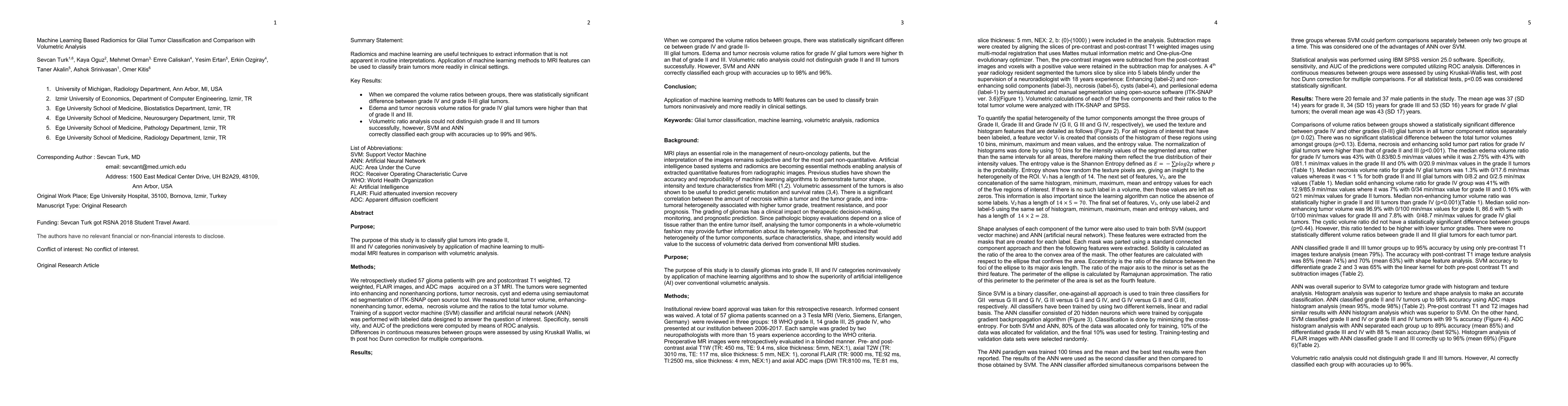 Thumbnail for Machine Learning Based Radiomics for Glial Tumor Classification and
  Comparison with Volumetric Analysis