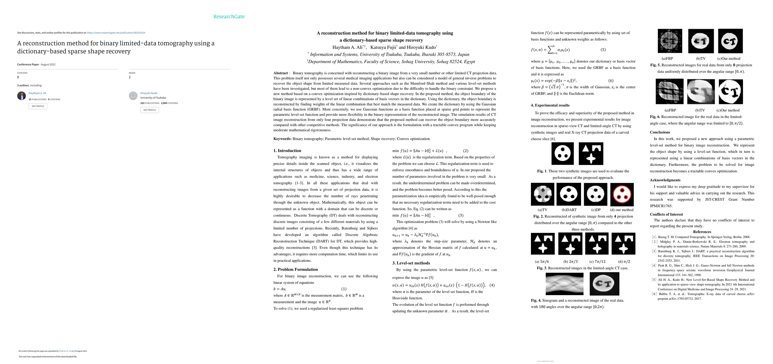 Thumbnail for A reconstruction method for binary limited-data tomography using a
  dictionary-based sparse shape recovery