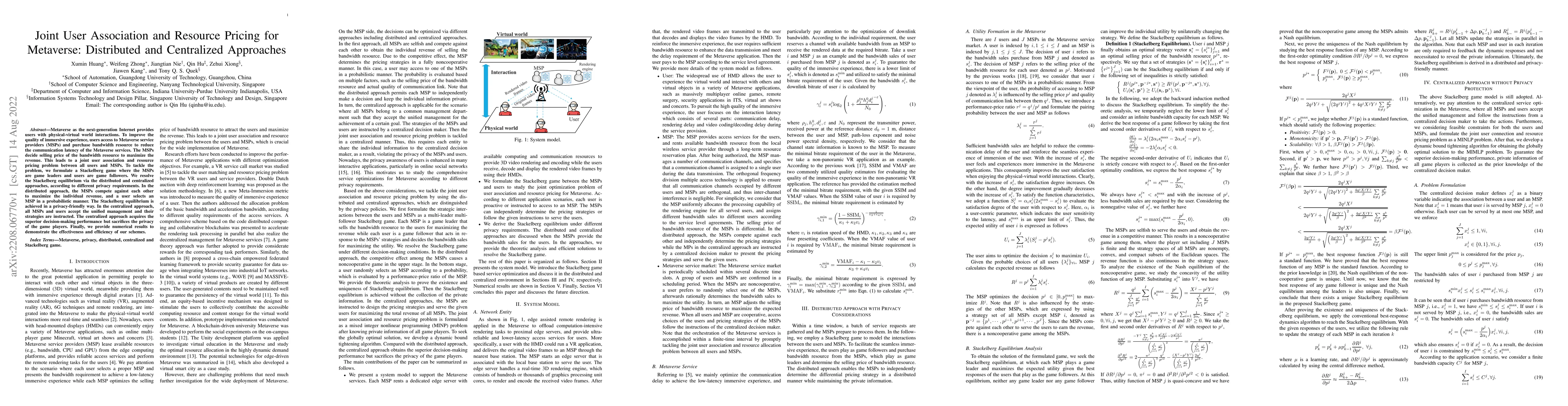 Thumbnail for Joint User Association and Resource Pricing for Metaverse: Distributed
  and Centralized Approaches