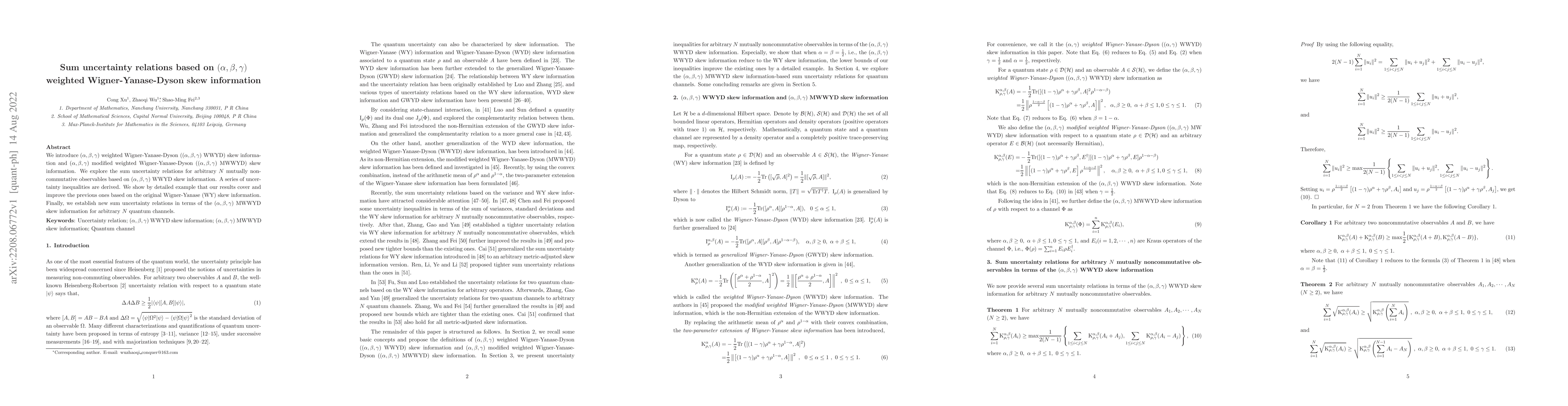 Thumbnail for Sum uncertainty relations based on $(\alpha,\beta,\gamma)$ weighted
  Wigner-Yanase-Dyson skew information