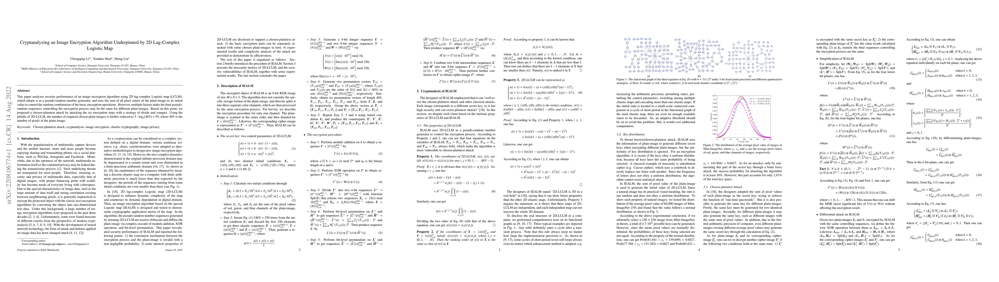 Thumbnail for Cryptanalyzing an Image Encryption Algorithm Underpinned by 2D
  Lag-Complex Logistic Map
