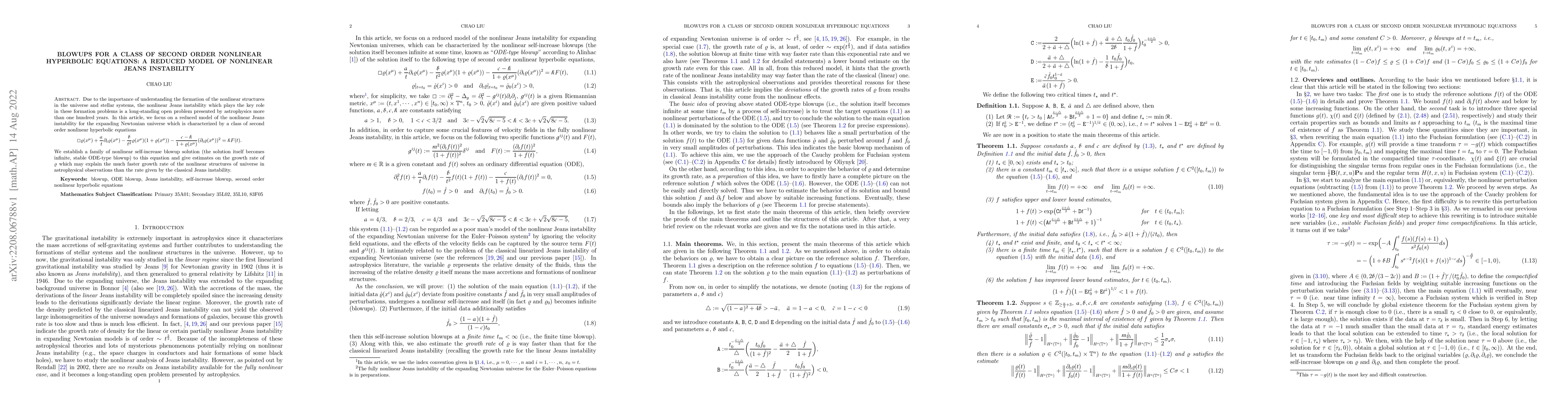 Thumbnail for Blowups for a class of second order nonlinear hyperbolic equations: A
  reduced model of nonlinear Jeans instability