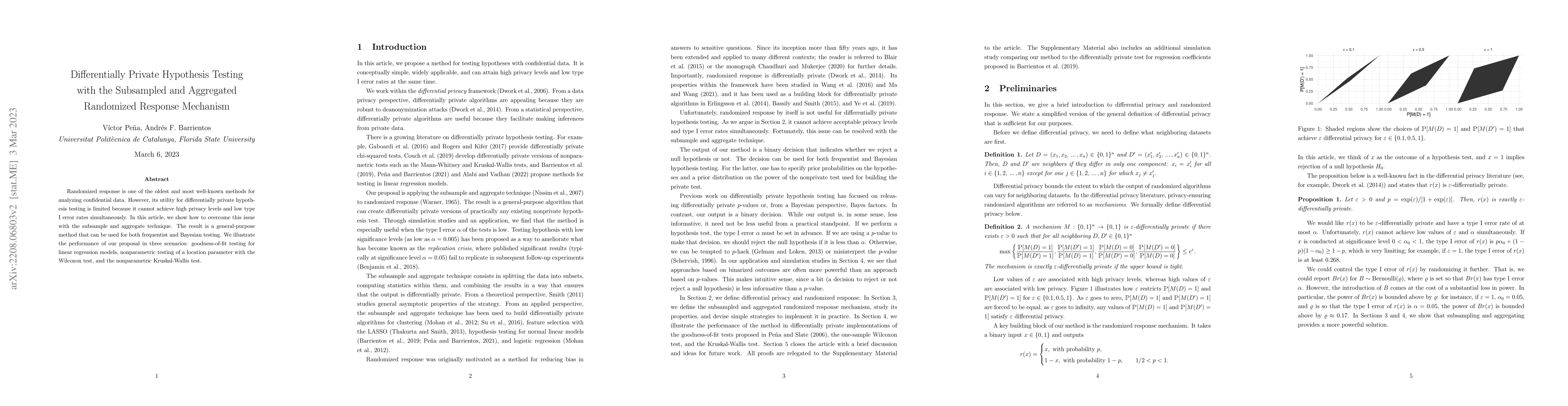 Thumbnail for Differentially Private Hypothesis Testing with the Subsampled and
  Aggregated Randomized Response Mechanism