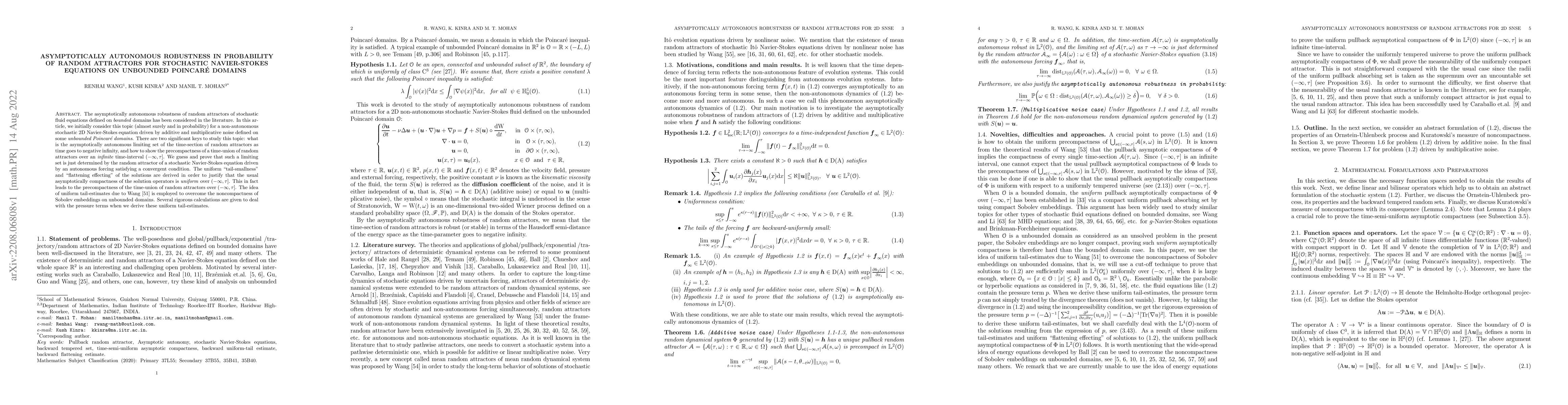 Thumbnail for Asymptotically autonomous robustness in probability of random attractors
  for stochastic Navier-Stokes equations on unbounded Poincar\'e domains