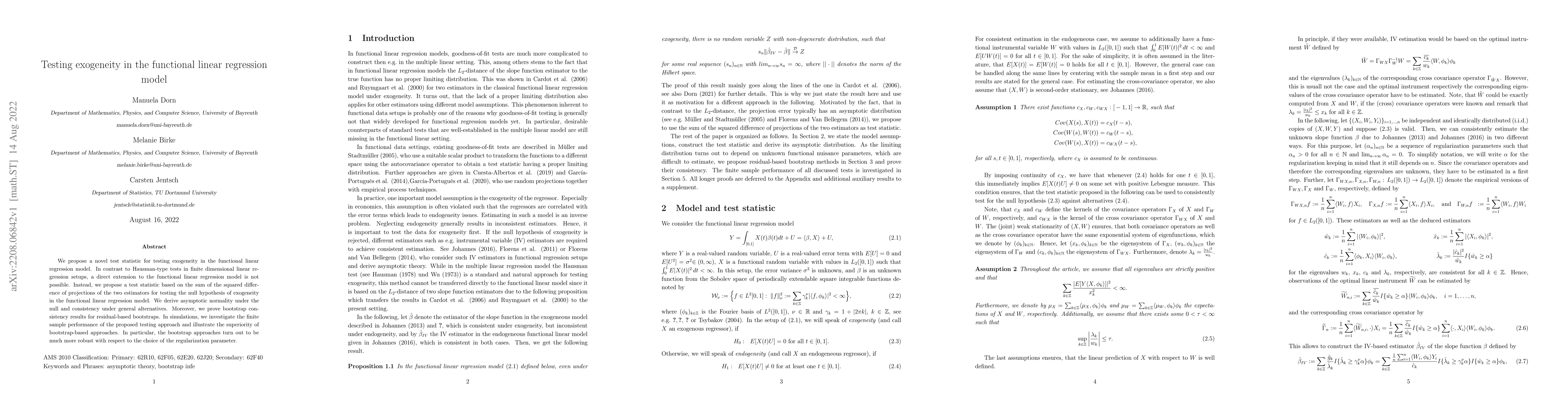 Thumbnail for Testing exogeneity in the functional linear regression model