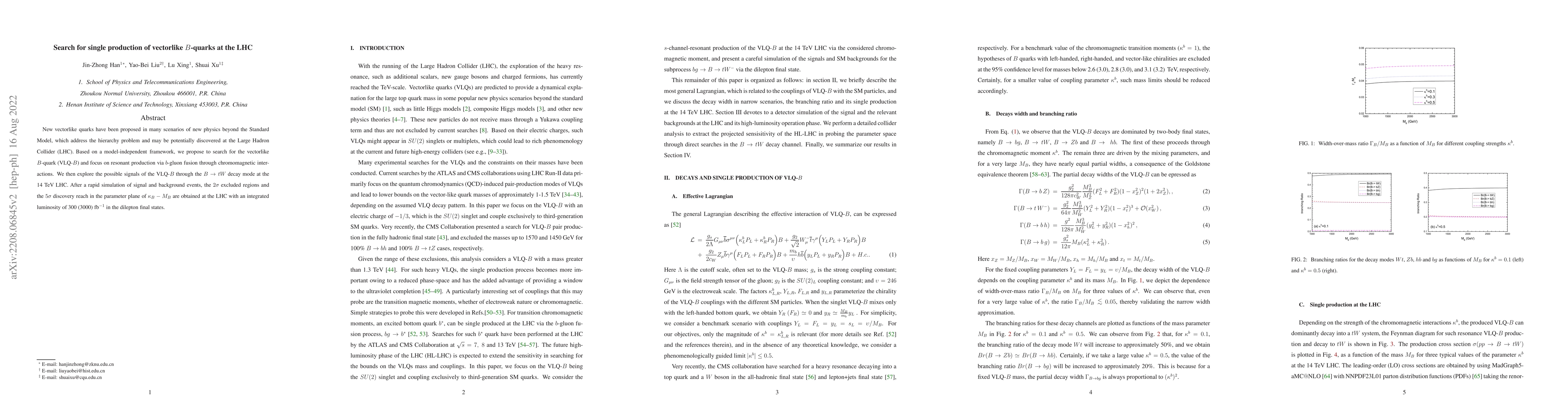 Thumbnail for Search for single production of vectorlike $B$-quarks at the LHC