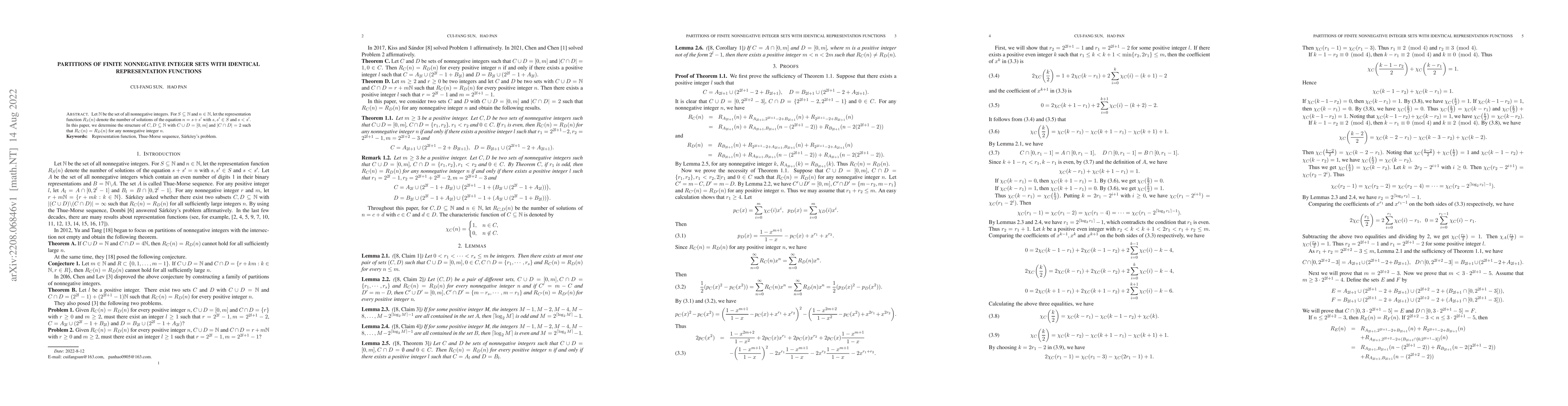 Thumbnail for Partitions of finite nonnegative integer sets with identical
  representation functions