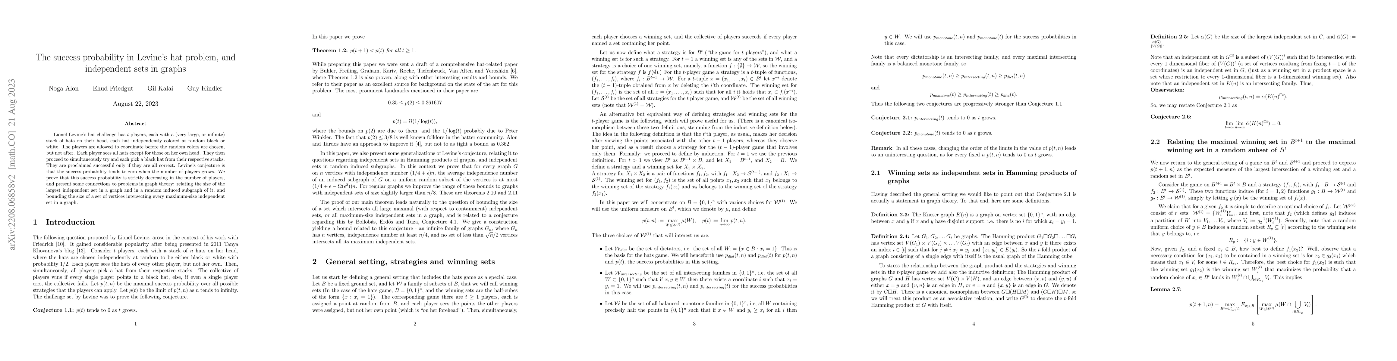 Thumbnail for The success probability in Levine's hat problem, and independent sets in
  graphs
