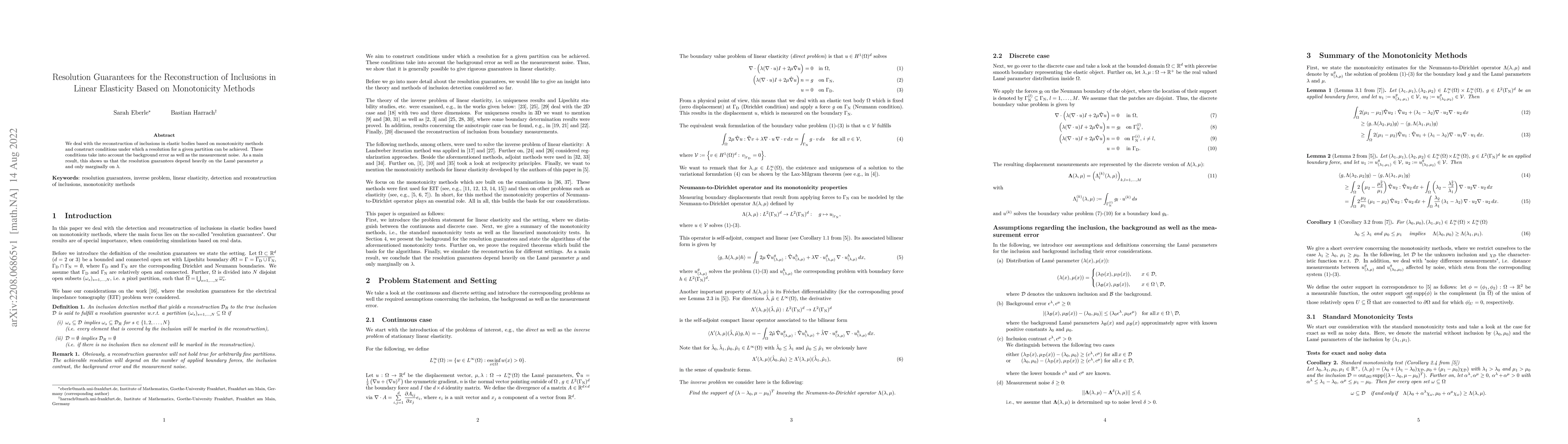 Thumbnail for Resolution Guarantees for the Reconstruction of Inclusions in Linear
  Elasticity Based on Monotonicity Methods