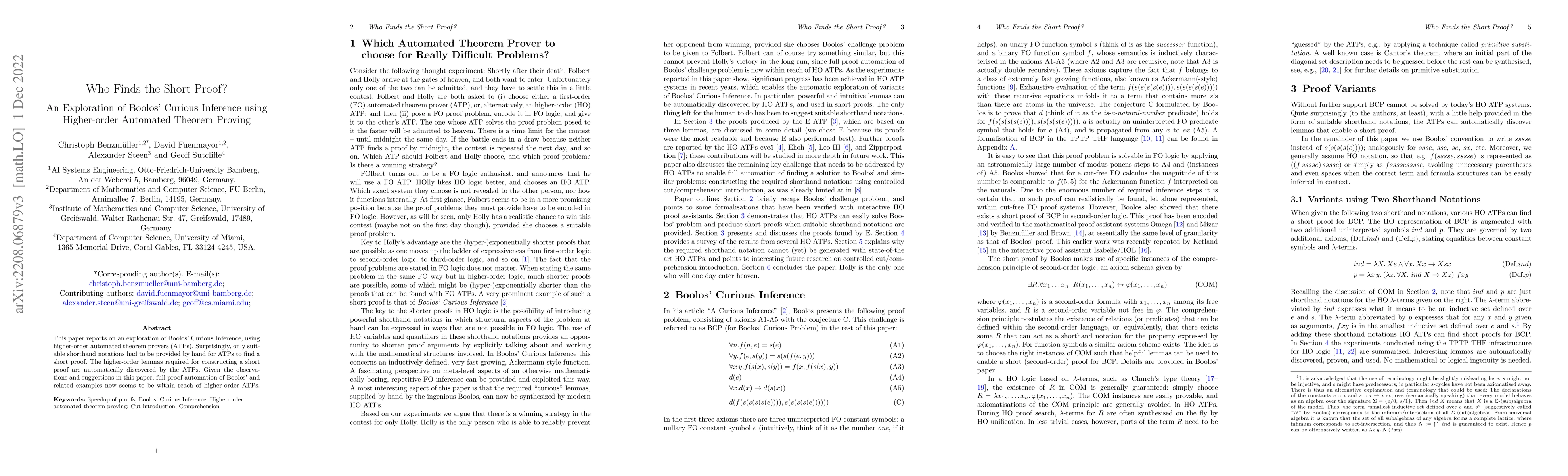 Thumbnail for Who Finds the Short Proof? An Exploration of Variants of Boolos' Curious
  Inference using Higher-order Automated Theorem Provers