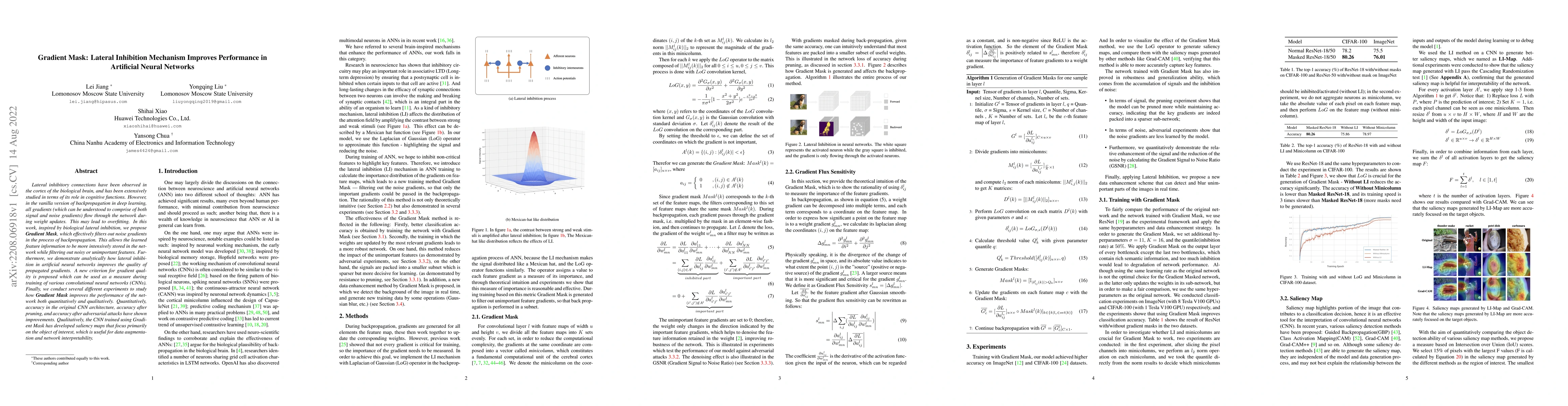 Thumbnail for Gradient Mask: Lateral Inhibition Mechanism Improves Performance in
  Artificial Neural Networks