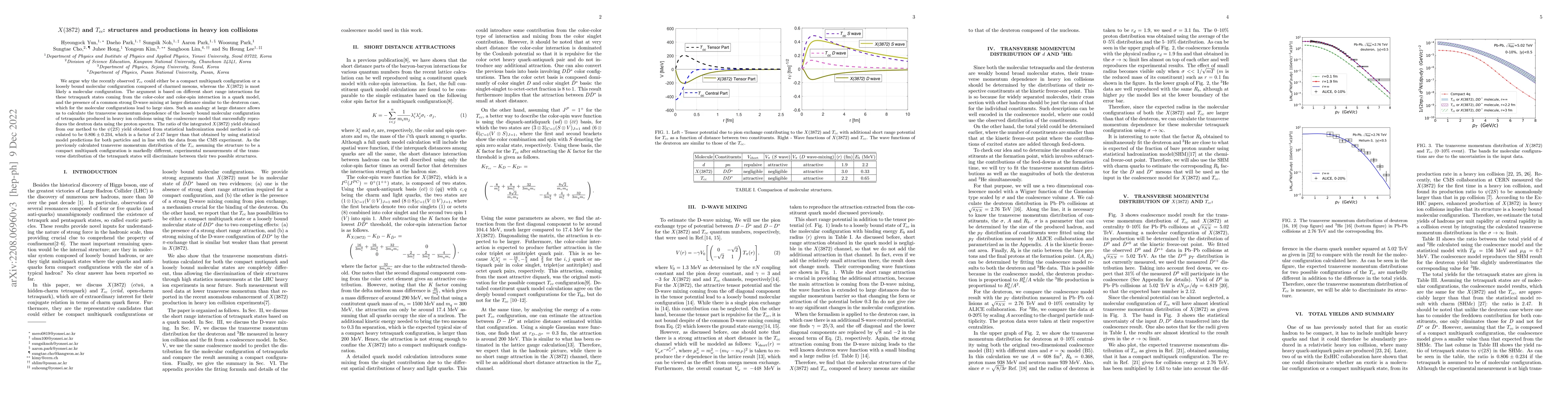 Thumbnail for $X(3872)$ and $T_{cc}$: structures and productions in heavy ion
  collisions