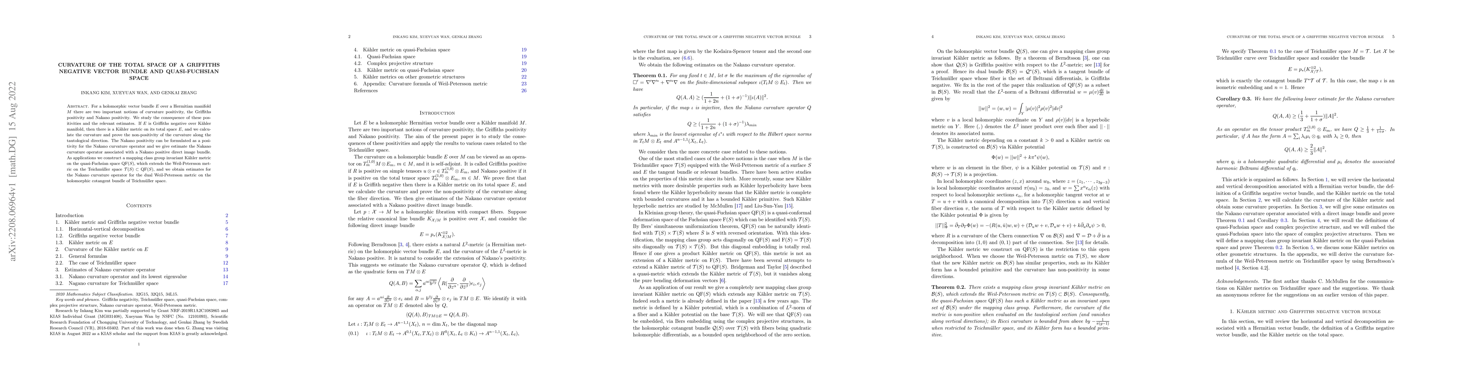 Thumbnail for Curvature of the total space of a Griffiths negative vector bundle and
  quasi-Fuchsian space