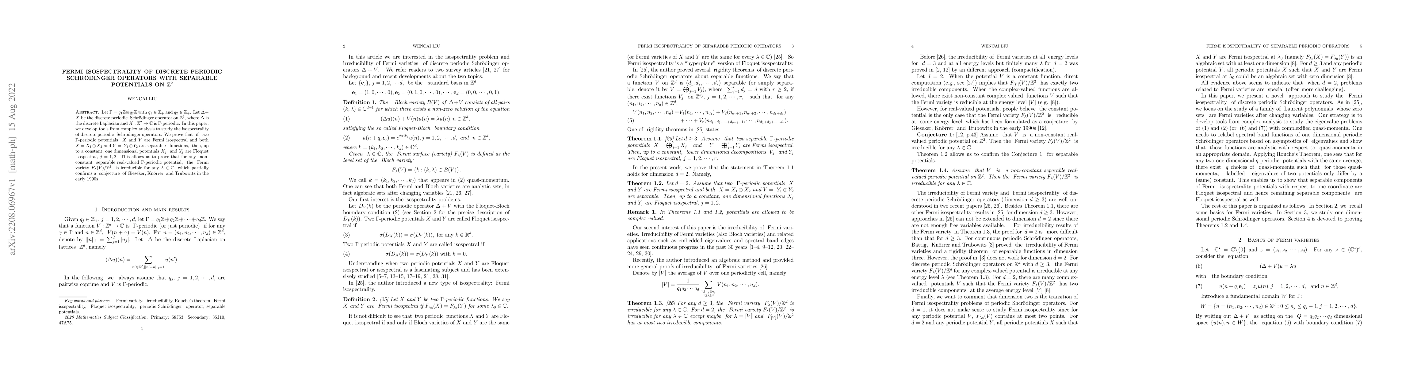 Thumbnail for Fermi isospectrality of discrete periodic Schr\"odinger operators with
  separable potentials on $\mathbb{Z}^2$
