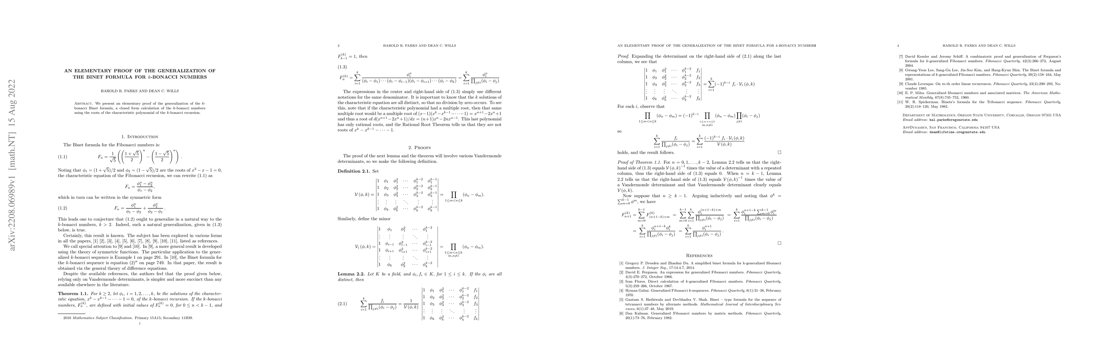 Thumbnail for An Elementary Proof of the Generalization of the Binet Formula for
  $k$-bonacci Numbers