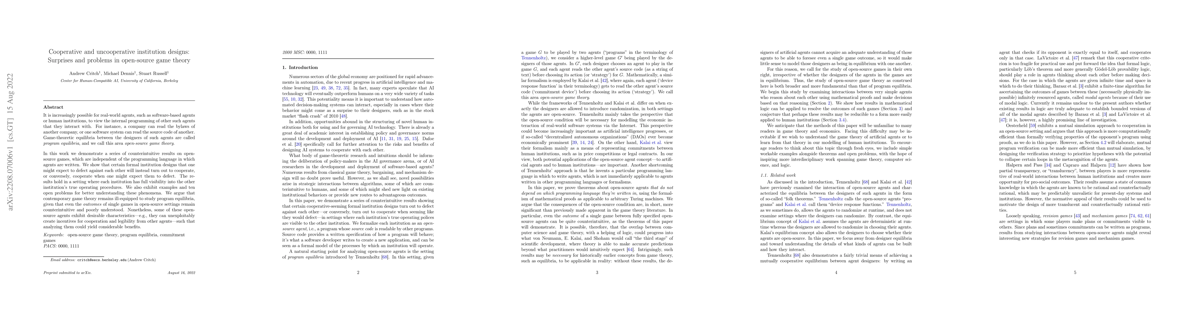 Thumbnail for Cooperative and uncooperative institution designs: Surprises and
  problems in open-source game theory