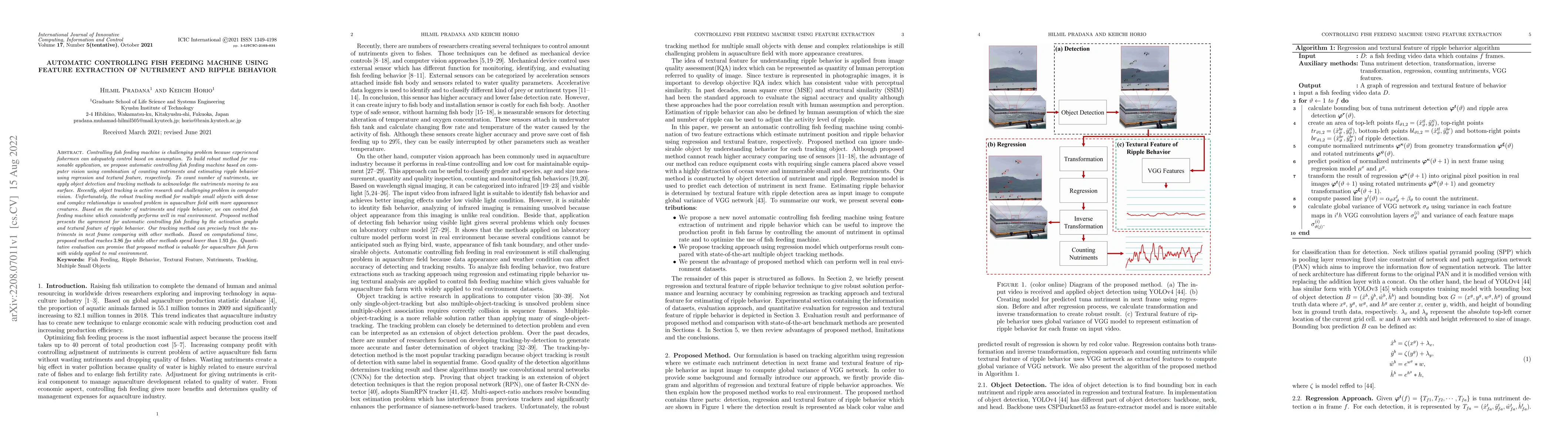 Thumbnail for Automatic Controlling Fish Feeding Machine using Feature Extraction of
  Nutriment and Ripple Behavior