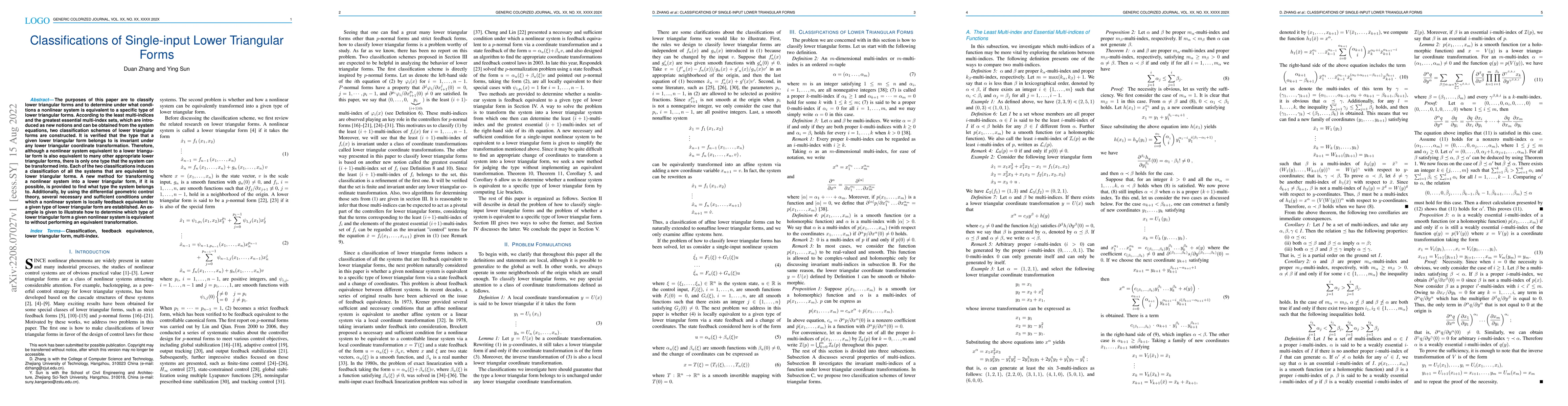 Thumbnail for Classifications of Single-input Lower Triangular Forms