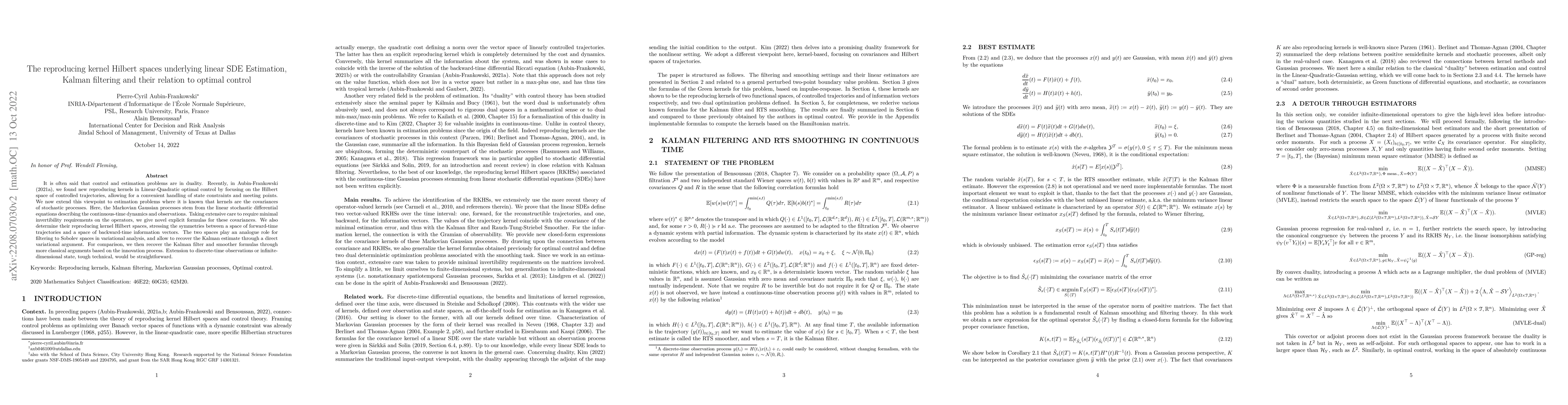 Thumbnail for The reproducing kernel Hilbert spaces underlying linear SDE Estimation,
  Kalman filtering and their relation to optimal control