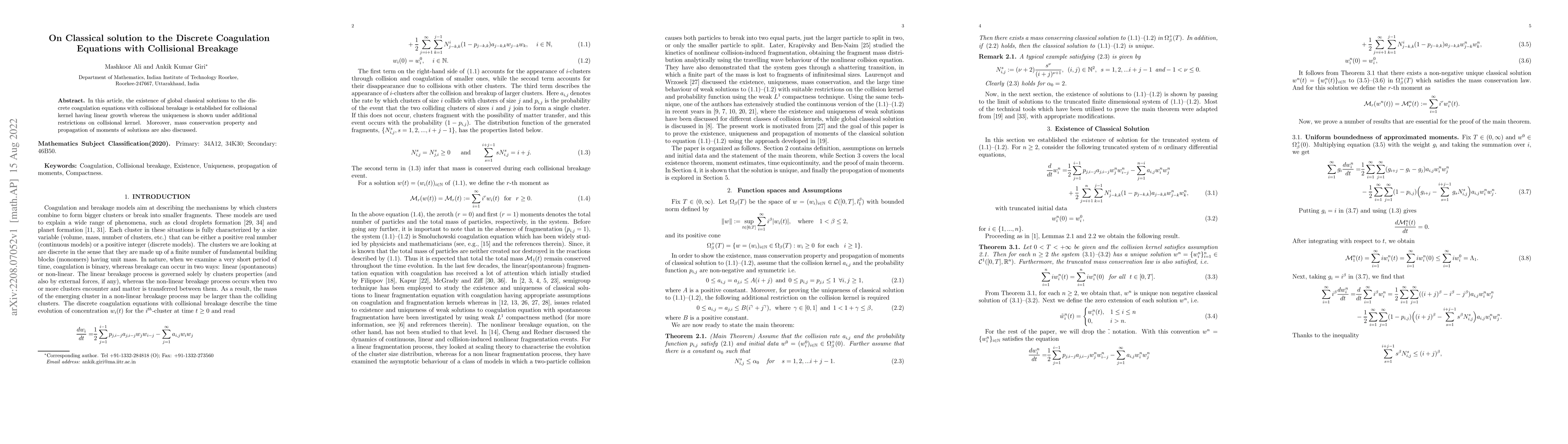 Thumbnail for On Classical solution to the Discrete Coagulation Equations with
  Collisional Breakage
