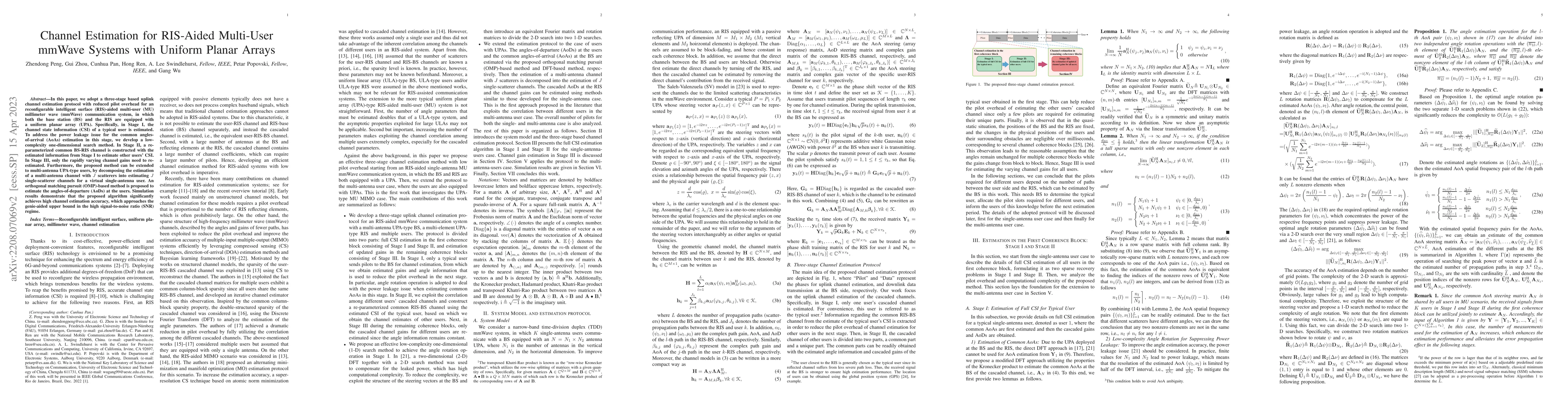 Thumbnail for Channel Estimation for RIS-Aided Multi-User mmWave Systems with Uniform
  Planar Arrays