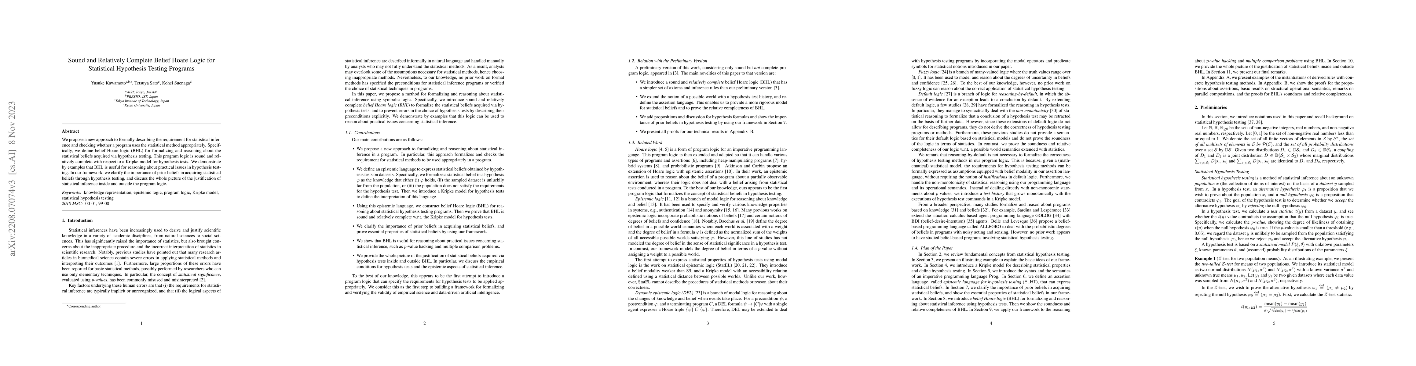 Thumbnail for Sound and Relatively Complete Belief Hoare Logic for Statistical
  Hypothesis Testing Programs