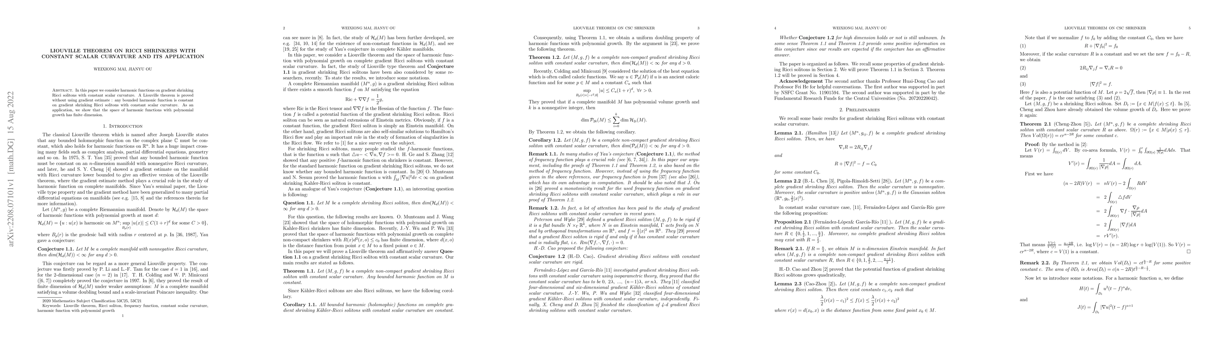 Thumbnail for Liouville Theorem on Ricci shrinkers with constant scalar curvature and
  its application