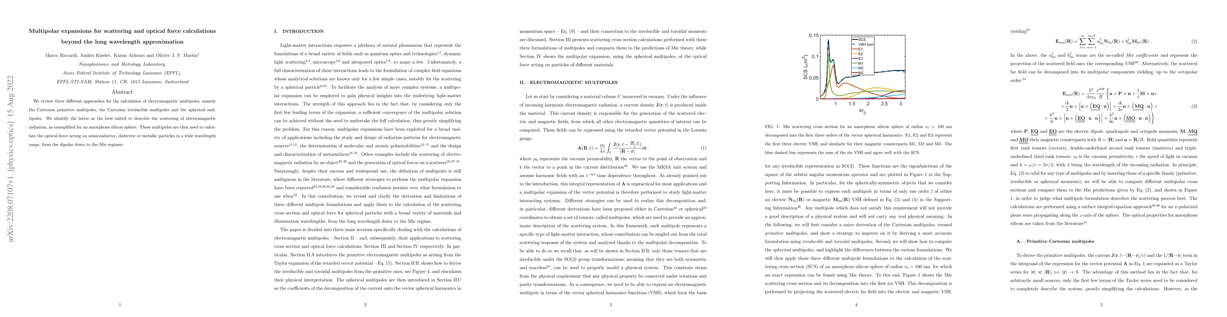 Thumbnail for Multipolar expansions for scattering and optical force calculations
  beyond the long wavelength approximation