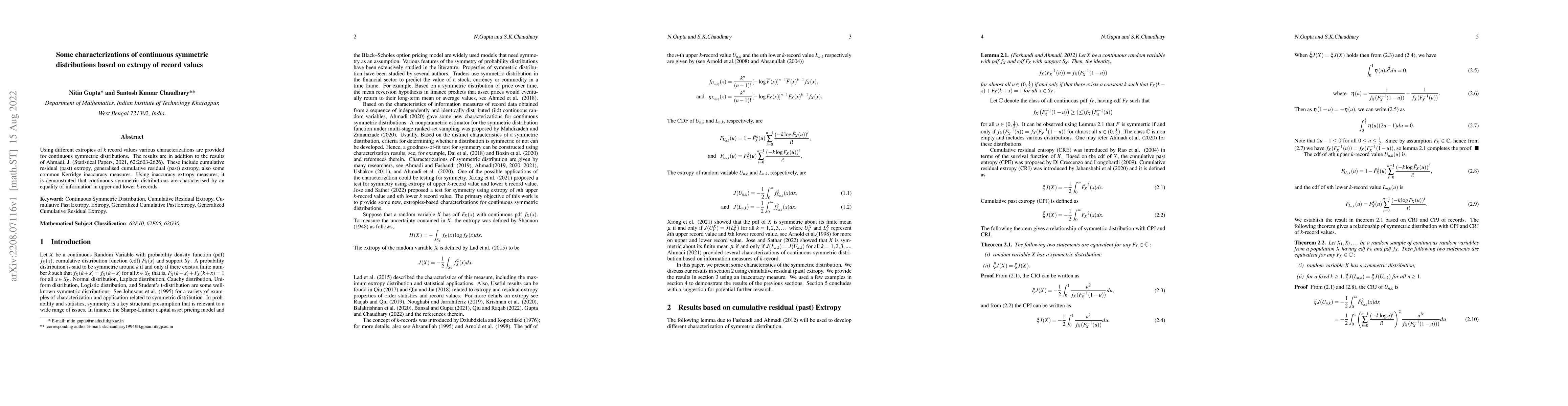 Thumbnail for Some characterizations of continuous symmetric distributions based on
  extropy of record values