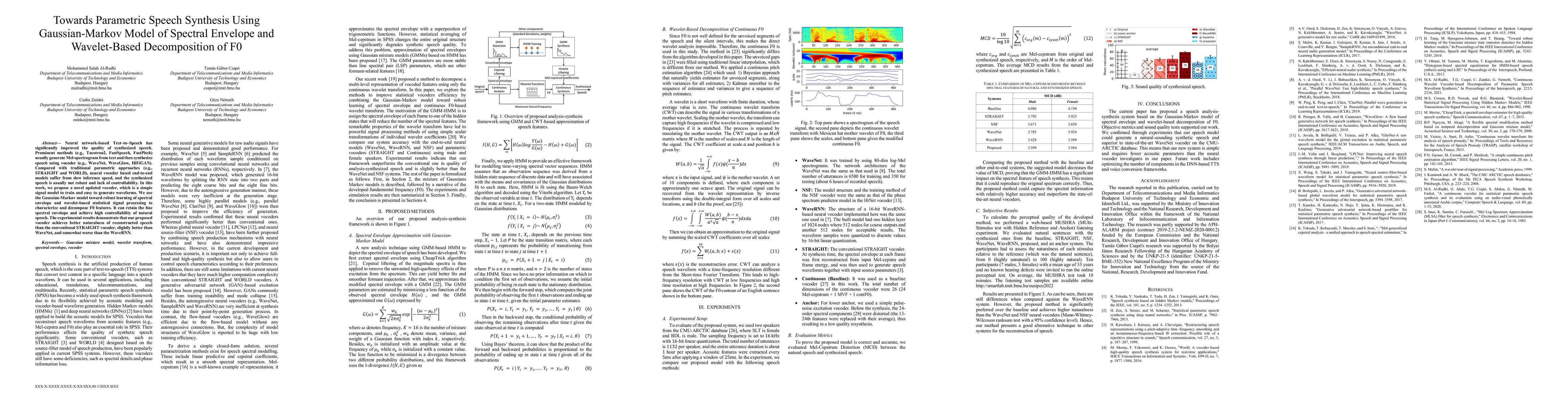 Thumbnail for Towards Parametric Speech Synthesis Using Gaussian-Markov Model of
  Spectral Envelope and Wavelet-Based Decomposition of F0