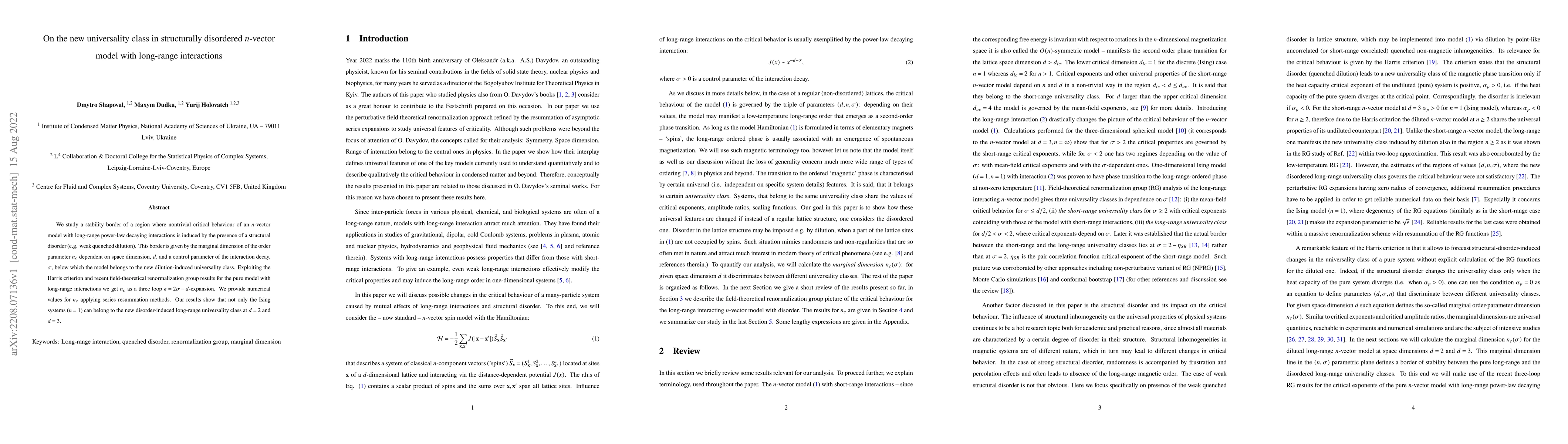Thumbnail for On the new universality class in structurally disordered $n$-vector
  model with long-range interactions