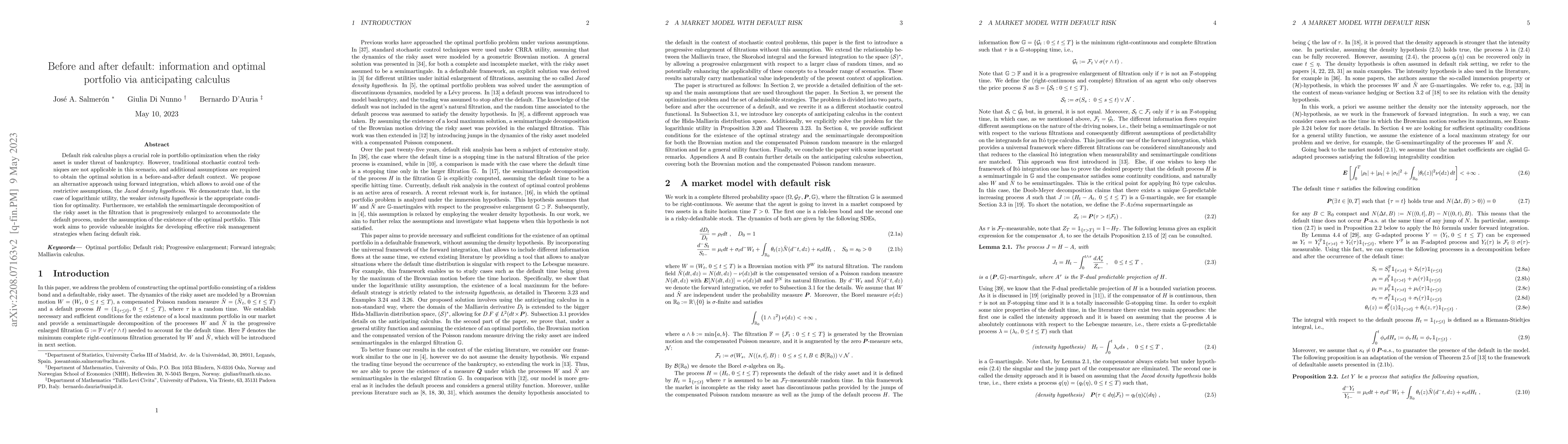 Thumbnail for Before and after default: information and optimal portfolio via
  anticipating calculus