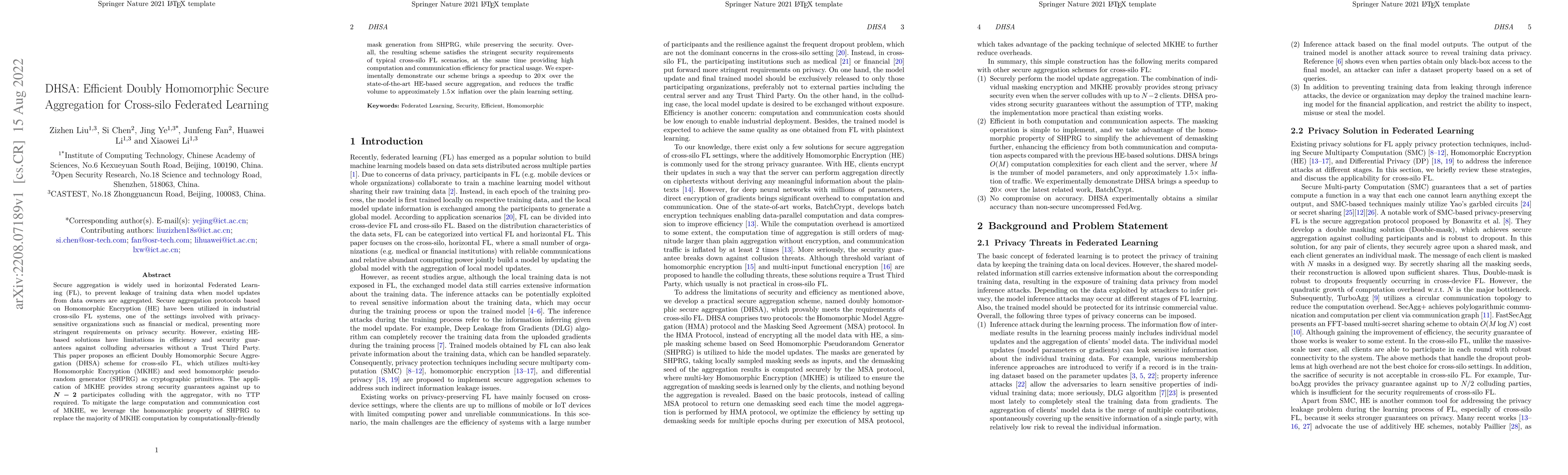 Thumbnail for DHSA: Efficient Doubly Homomorphic Secure Aggregation for Cross-silo
  Federated Learning
