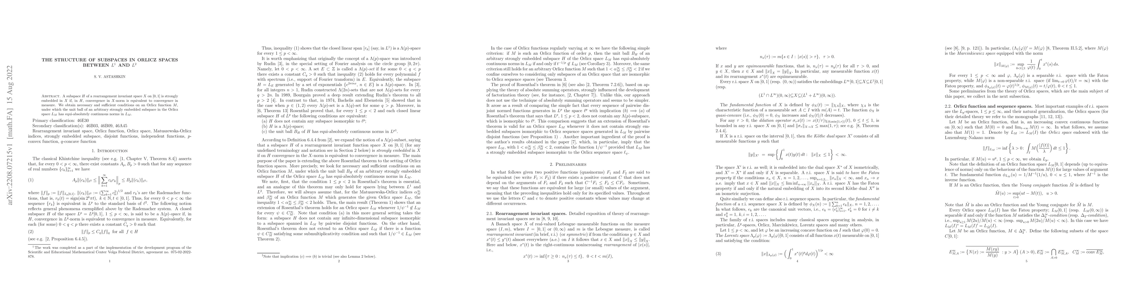 Thumbnail for The structure of subspaces in Orlicz spaces between $L^1$ and $L^2$