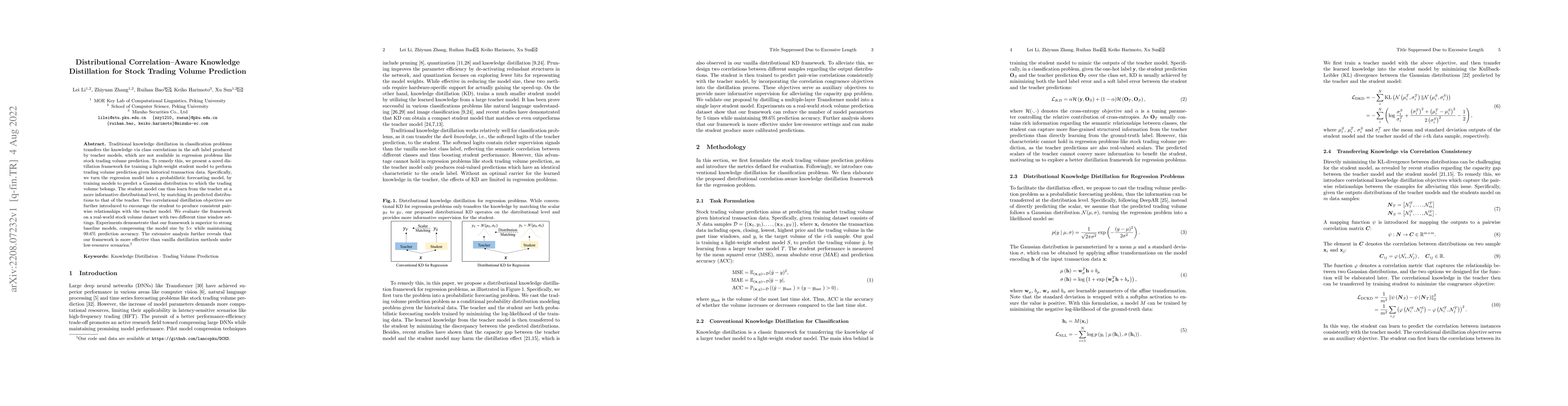 Thumbnail for Distributional Correlation--Aware Knowledge Distillation for Stock
  Trading Volume Prediction