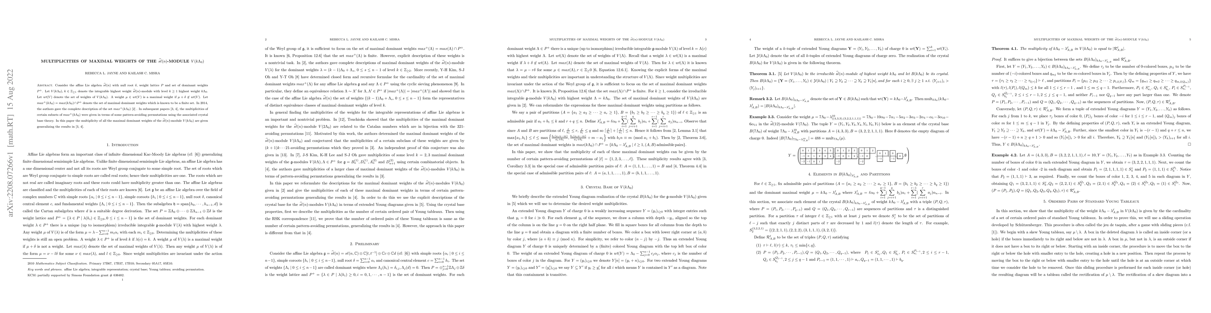 Thumbnail for Multiplicities of maximal weights of the $\hat{s\ell}(n) $-module
  $V(k\Lambda_0)$