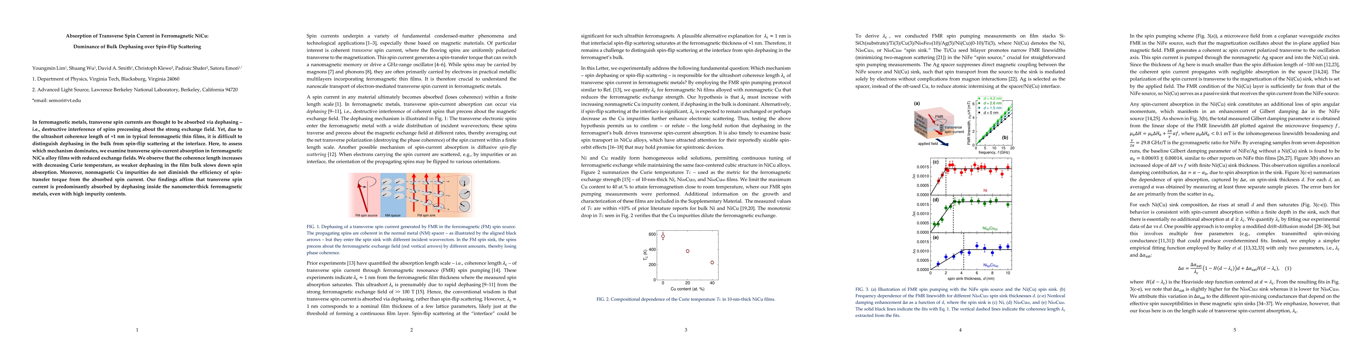 Thumbnail for Absorption of Transverse Spin Current in Ferromagnetic NiCu: Dominance
  of Bulk Dephasing over Spin-Flip Scattering