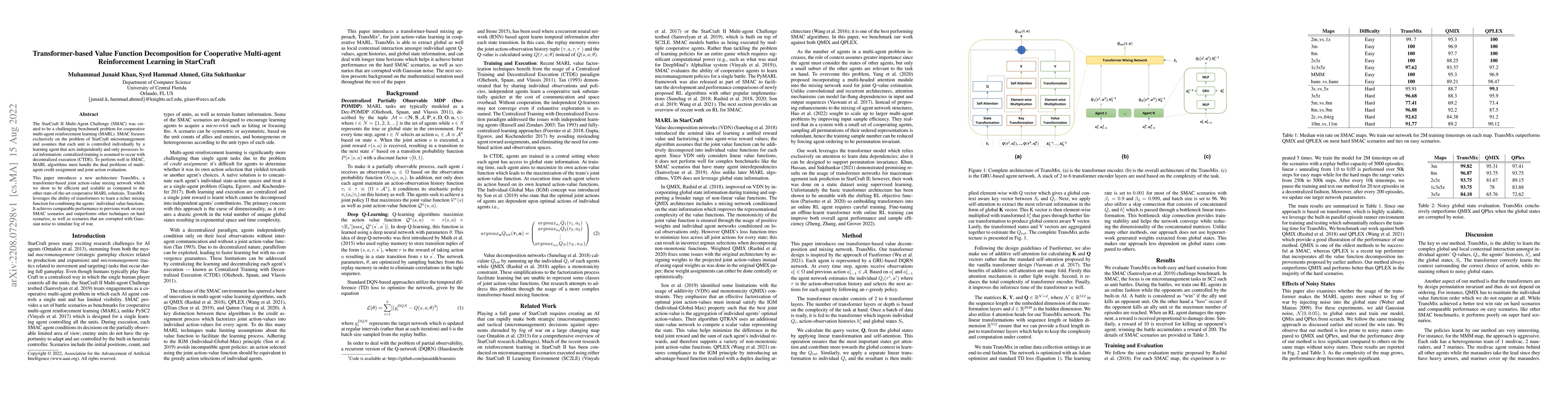 Thumbnail for Transformer-based Value Function Decomposition for Cooperative
  Multi-agent Reinforcement Learning in StarCraft