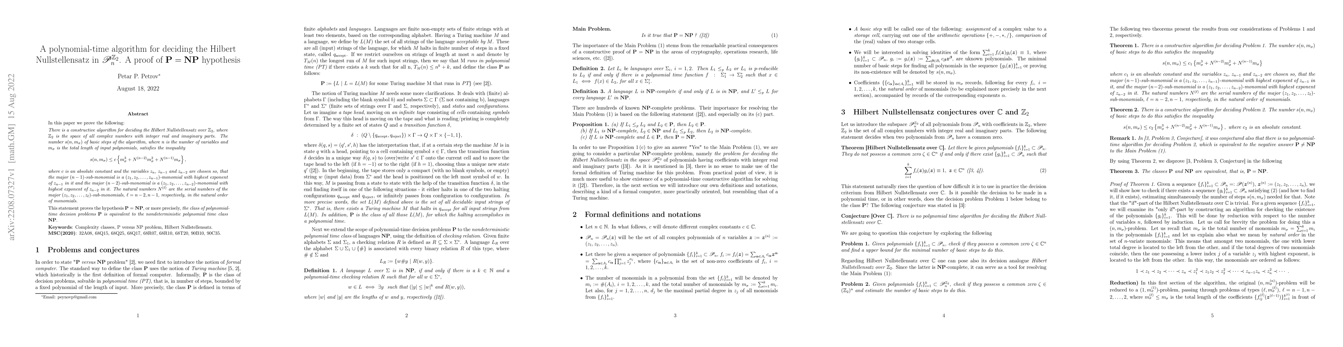 Thumbnail for A polynomial-time algorithm for deciding the Hilbert Nullstellensatz
  over $\mathbb{Z}_2$. A proof of $\mathbf{P}=\mathbf{NP}$ hypothesis