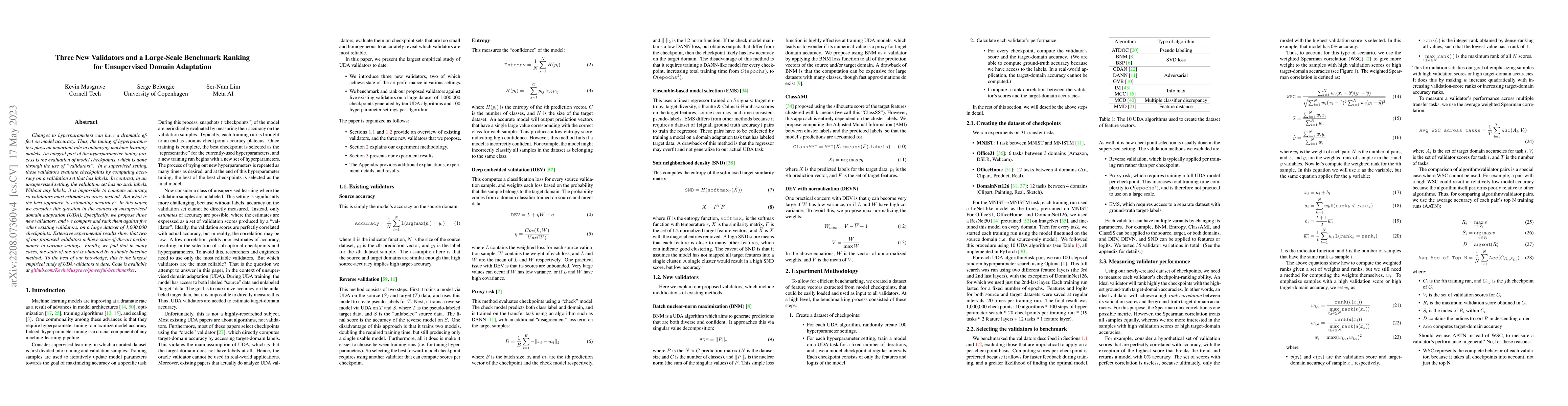 Thumbnail for Three New Validators and a Large-Scale Benchmark Ranking for
  Unsupervised Domain Adaptation