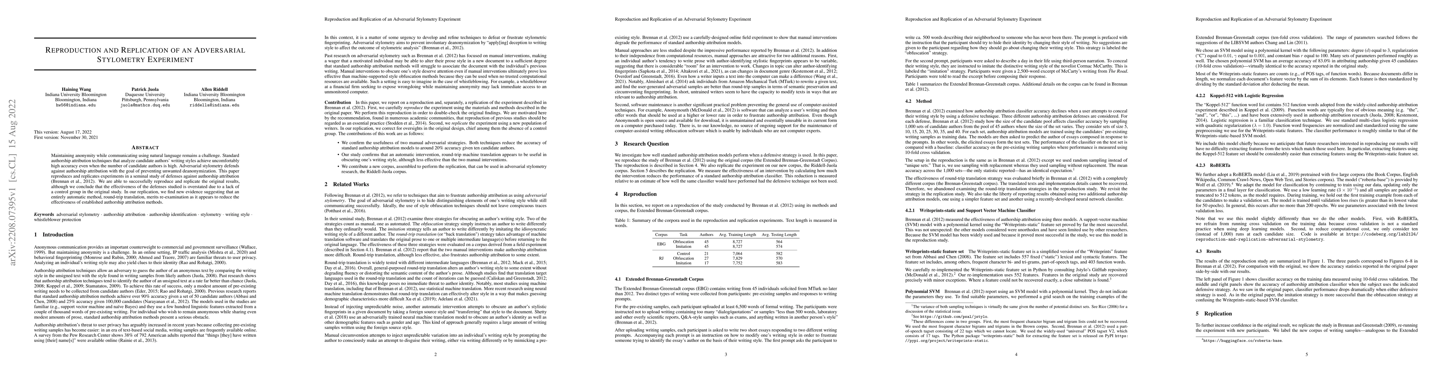 Thumbnail for Reproduction and Replication of an Adversarial Stylometry Experiment