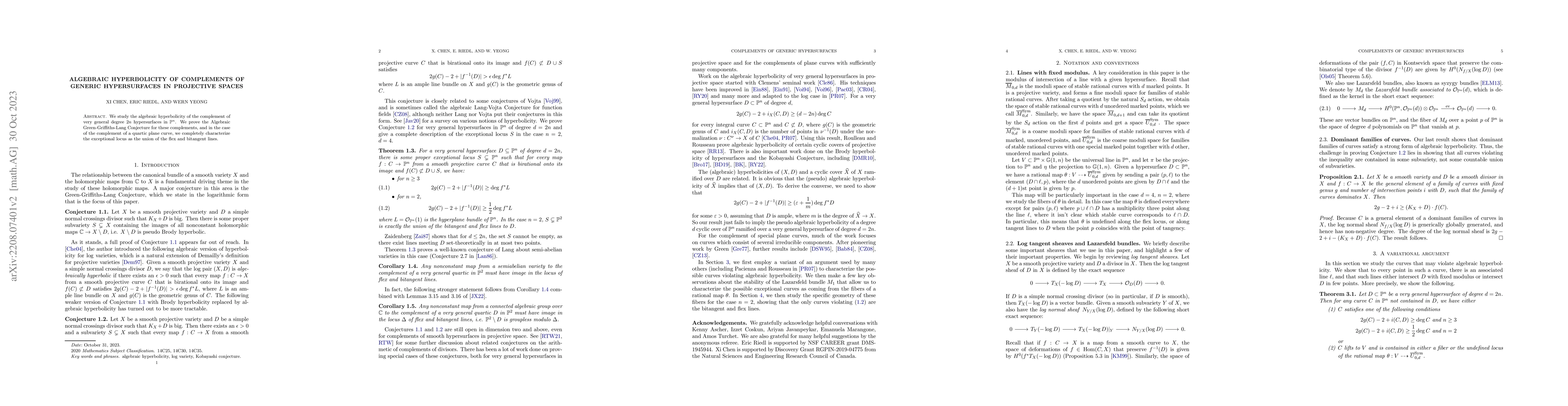 Thumbnail for Algebraic Hyperbolicity of Complements of Generic Hypersurfaces in
  Projective Spaces
