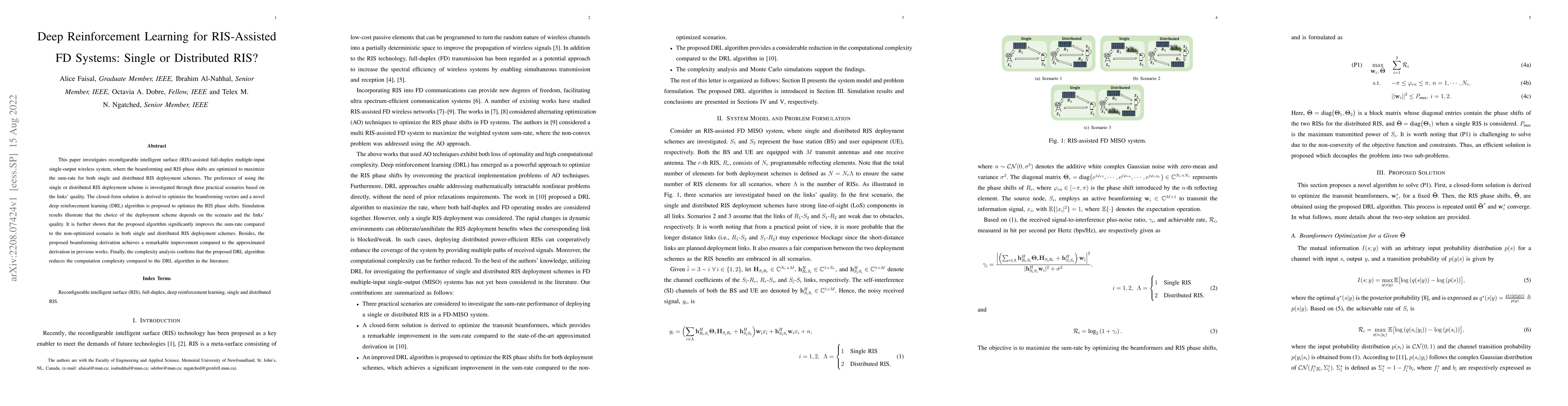 Thumbnail for Deep Reinforcement Learning for RIS-Assisted FD Systems: Single or
  Distributed RIS?