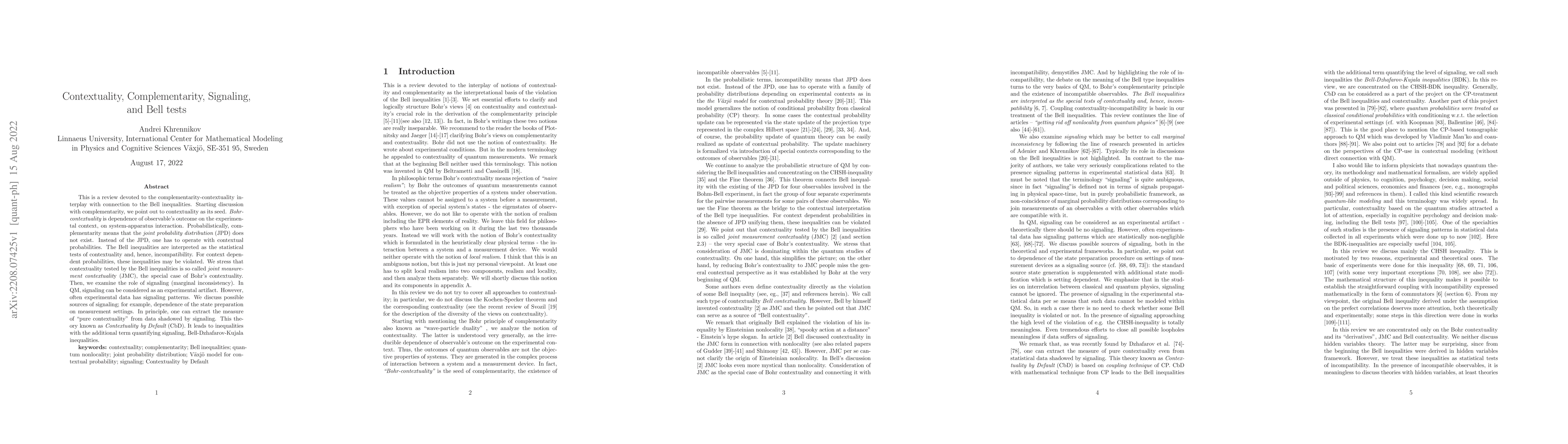 Thumbnail for Contextuality, Complementarity, Signaling, and Bell tests