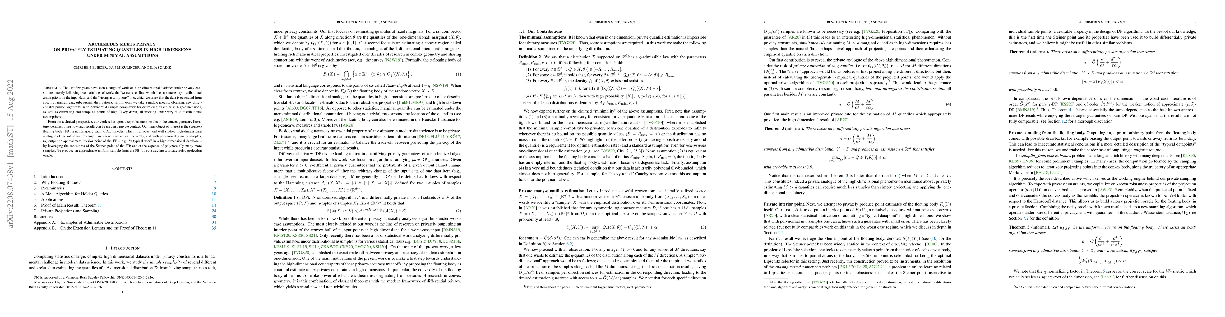 Thumbnail for Archimedes Meets Privacy: On Privately Estimating Quantiles in High
  Dimensions Under Minimal Assumptions