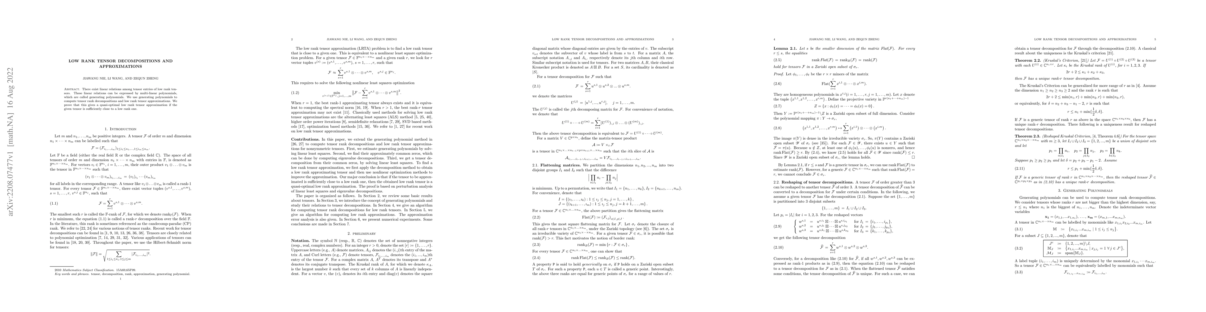 Thumbnail for Low Rank Tensor Decompositions and Approximations