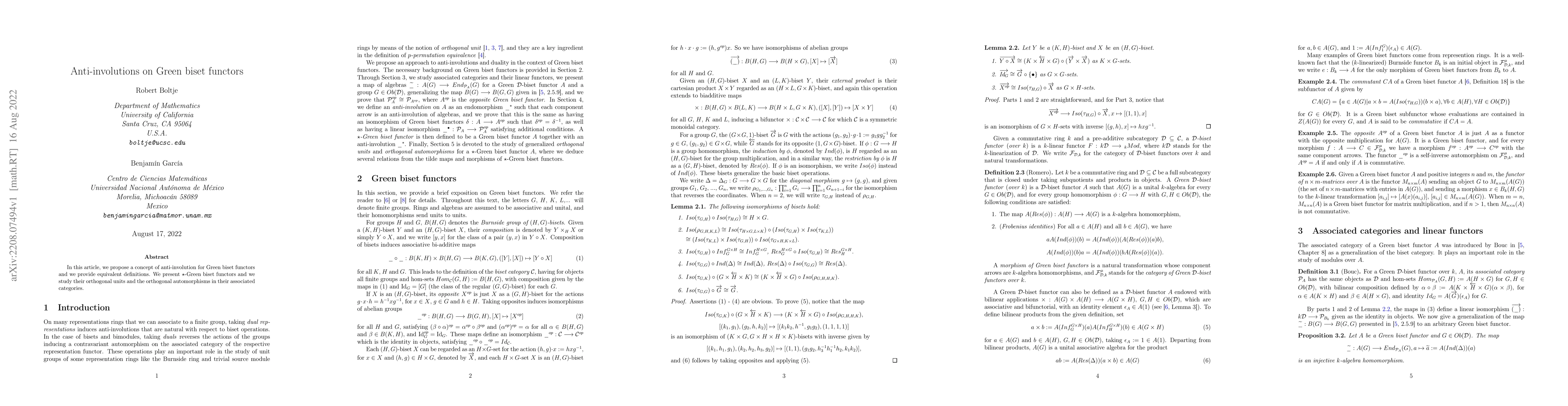 Thumbnail for Anti-involutions on Green biset functors