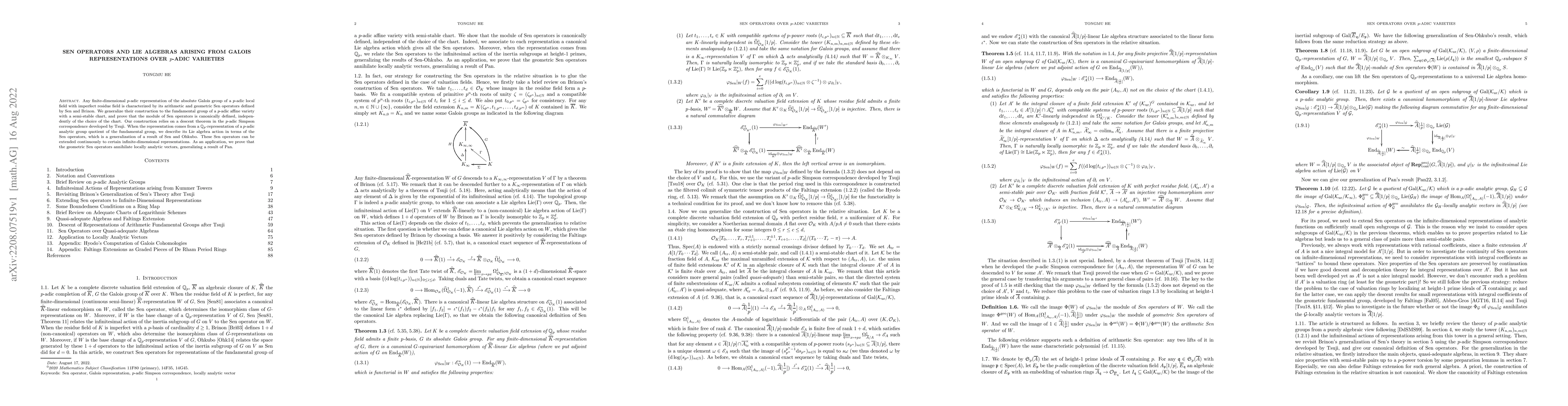 Thumbnail for Sen Operators and Lie Algebras arising from Galois Representations over
  $p$-adic Varieties