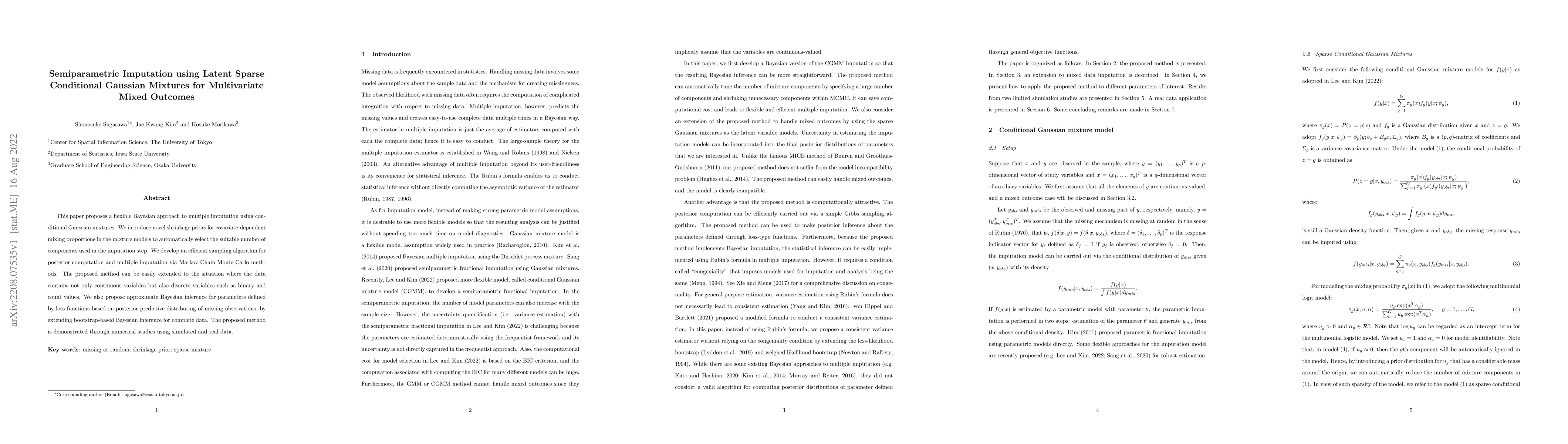 Thumbnail for Semiparametric imputation using latent sparse conditional Gaussian
  mixtures for multivariate mixed outcomes